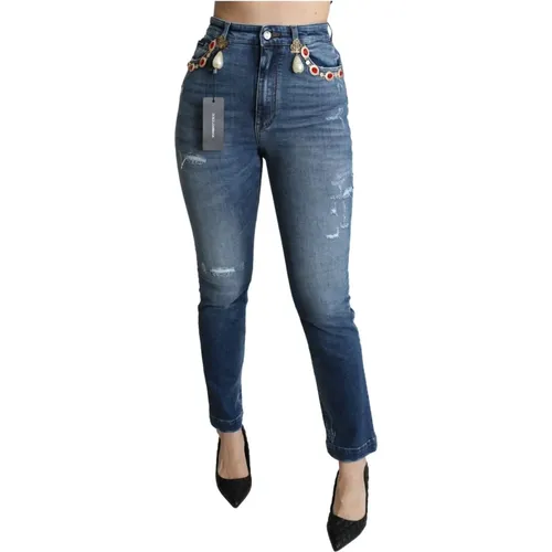 Verzierte Slim Fit Jeans mit Kristallen - Dolce & Gabbana - Modalova