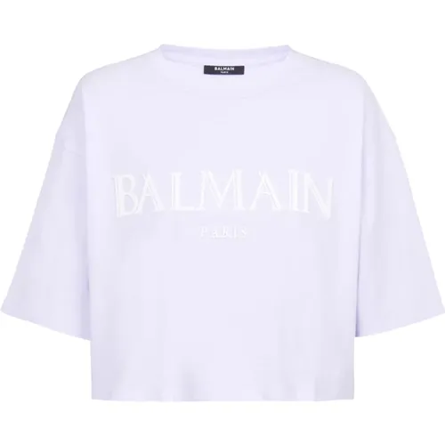Kurzes T-Shirt mit römischem -ogo aus Kautschuk , Damen, Größe: M - Balmain - Modalova