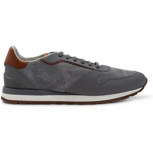 Grey Leather Panelled Sneakers , male, Sizes: 8 1/2 UK - BRUNELLO CUCINELLI - Modalova