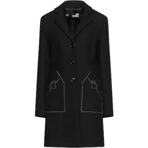 Wool Coat with Heart Embroidery , female, Sizes: L - Love Moschino - Modalova