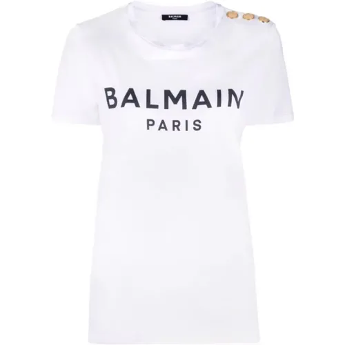 Bedrucktes Logo Kurzarm T-Shirt , Damen, Größe: M - Balmain - Modalova