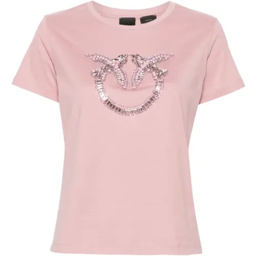 Love Birds Embroidered Jersey T-shirt , female, Sizes: L, M - pinko - Modalova