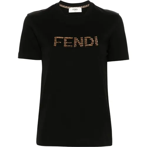 Paillettenbesticktes Crew Neck T-Shirt , Damen, Größe: L - Fendi - Modalova