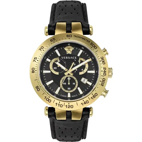 Bold Chrono Black Leather Gold Watch , male, Sizes: ONE SIZE - Versace - Modalova