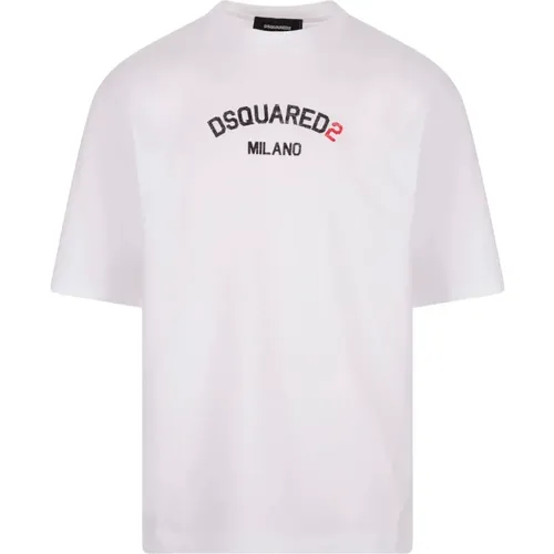 Weißes Baumwoll-T-Shirt mit Milano-Logo , Herren, Größe: M - Dsquared2 - Modalova