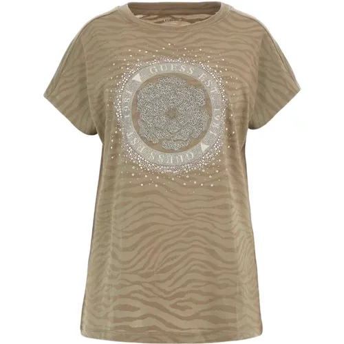 Flüssiges Logo Strass T-Shirt , Damen, Größe: S - Guess - Modalova