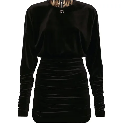 Luxuriöses Schwarzes Samtkleid mit Logo-Plaque - Dolce & Gabbana - Modalova
