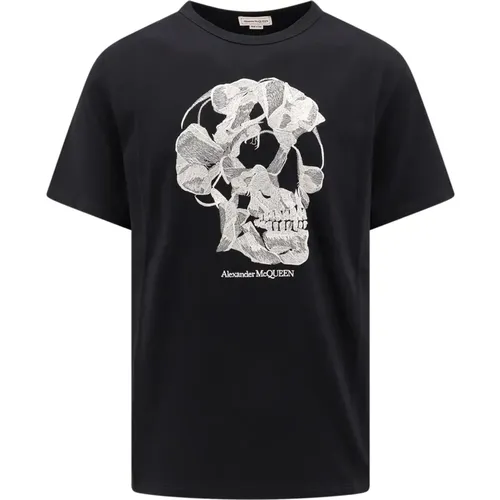 Schwarzes T-Shirt mit Totenkopfstickerei - alexander mcqueen - Modalova