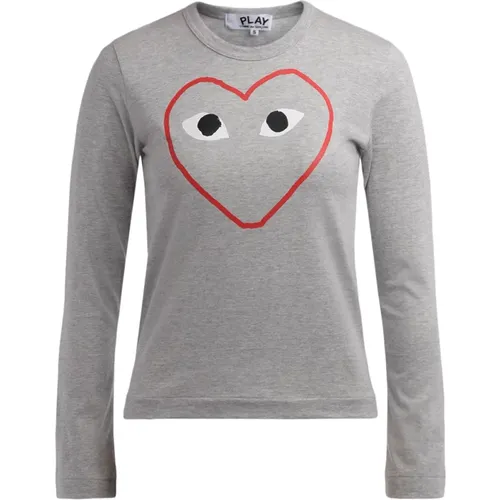 Graues Langarm-T-Shirt mit rotem Herz , Damen, Größe: L - Comme des Garçons Play - Modalova