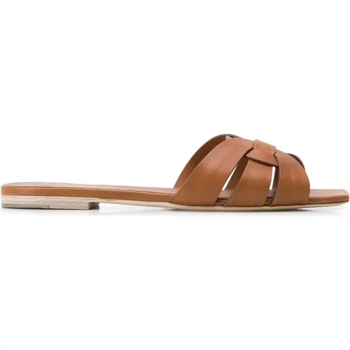Leather Flat Sandals with Interwoven Strap Detailing , female, Sizes: 3 UK, 4 UK - Saint Laurent - Modalova