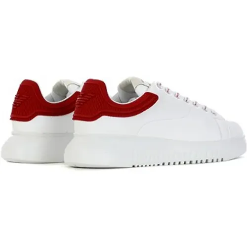 Leather Sneakers with Red Rubber Back and Eagle Logo - Size 46 , male, Sizes: 6 UK - Emporio Armani - Modalova