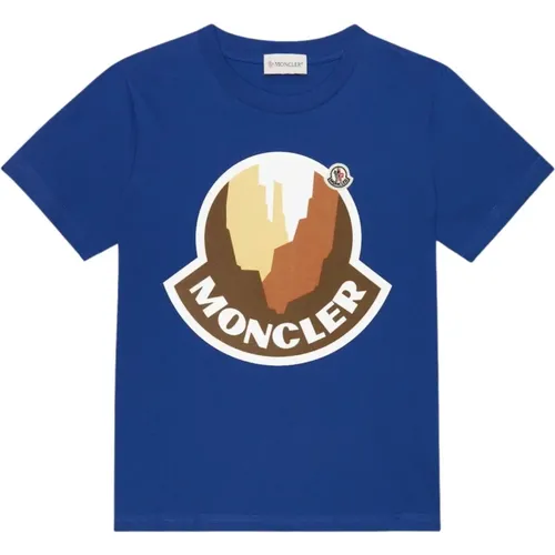 Blaues Kinder T-Shirt mit Logo-Print - Moncler - Modalova