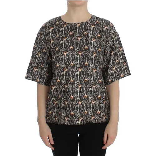 Verzauberte Sizilien Seidenbluse mit mittelalterlichem Schlüsselprint , Damen, Größe: 2XS - Dolce & Gabbana - Modalova