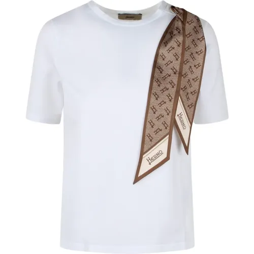 Cotton Stretch T-Shirt with Silk Scarf , female, Sizes: S - Herno - Modalova