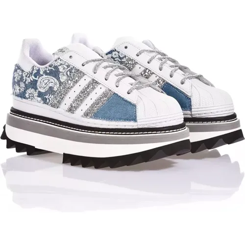 Handmade Silver White Blue Sneakers , female, Sizes: 4 1/3 UK, 3 UK, 5 2/3 UK, 8 1/3 UK - Adidas - Modalova