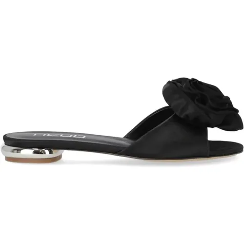 Schwarze Lederblumen-Slide-Sandale , Damen, Größe: 41 EU - Ncub - Modalova