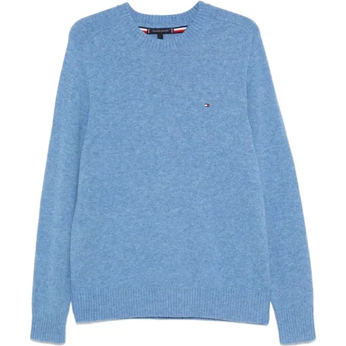 Blaue Lambswool Rundhals Pullover , Herren, Größe: 2XL - Tommy Hilfiger - Modalova