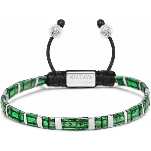 Men's Bracelet with Marbled Green and Silver Miyuki Tila Beads , Herren, Größe: XL - Nialaya - Modalova