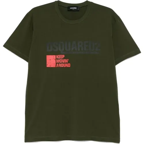 Grünes Logo-Print Crew Neck T-Shirt , Herren, Größe: L - Dsquared2 - Modalova