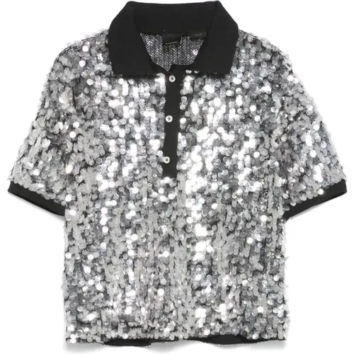 Schwarzes Mesh Polo Sequin T-shirt , Damen, Größe: M - pinko - Modalova