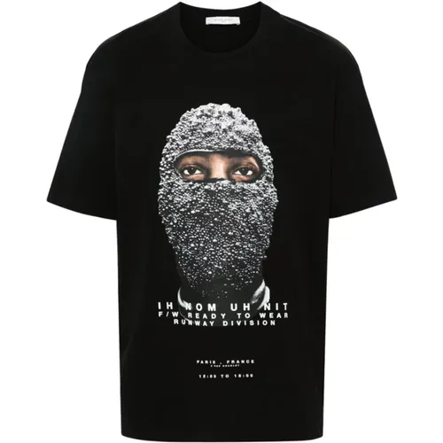 Schwarzes Baumwoll-T-Shirt mit Gesichts- und Slogan-Druck , Herren, Größe: 2XL - IH NOM UH NIT - Modalova