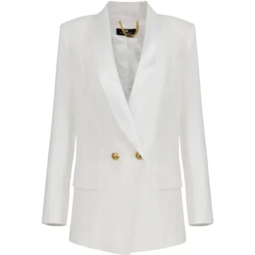 Double-Breasted Ivory Jacket with Duchess Satin Lapels , female, Sizes: M - Elisabetta Franchi - Modalova