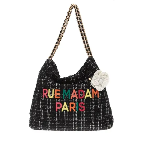 Nero Tweed Handbag with Colorful Writing and White Camellia , female, Sizes: ONE SIZE - Rue Madam - Modalova