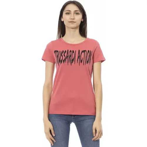 Rosa Baumwoll T-Shirt mit Kurzen Ärmeln und Frontdruck , Damen, Größe: S - Trussardi - Modalova