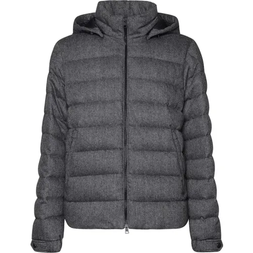 Grauer Gepolsterter Wollmantel mit Leder - Moncler - Modalova