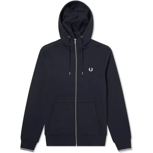 Navy Kapuzen-Sweatshirt mit Reißverschluss , Herren, Größe: L - Fred Perry - Modalova