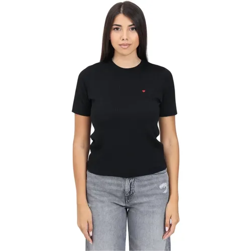 Schwarzes Jacquard Logo Herz T-Shirt - Moschino - Modalova