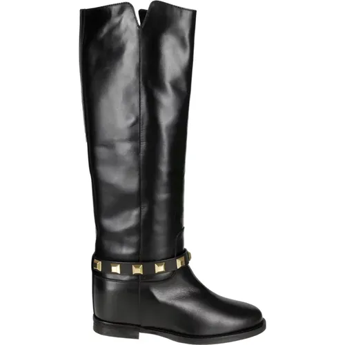 Italienische Hohe Stiefel - Schwarz, 8cm Absatz , Damen, Größe: 36 EU - Via Roma 15 - Modalova