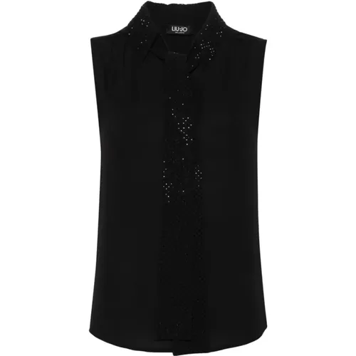 Schwarze Bluse Französischer Kragen Strass V-Ausschnitt , Damen, Größe: 2XS - Liu Jo - Modalova