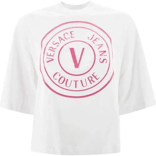 Glitter Logo Print T-shirts und Polos , Damen, Größe: M - Versace Jeans Couture - Modalova