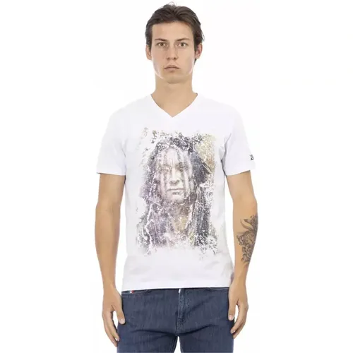 Weißes V-Ausschnitt T-Shirt mit Frontdruck , Herren, Größe: XL - Trussardi - Modalova