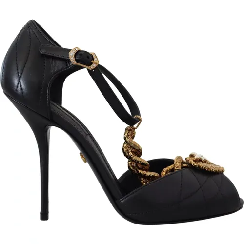Schwarze Leder Gold Herz Sandalen - Dolce & Gabbana - Modalova