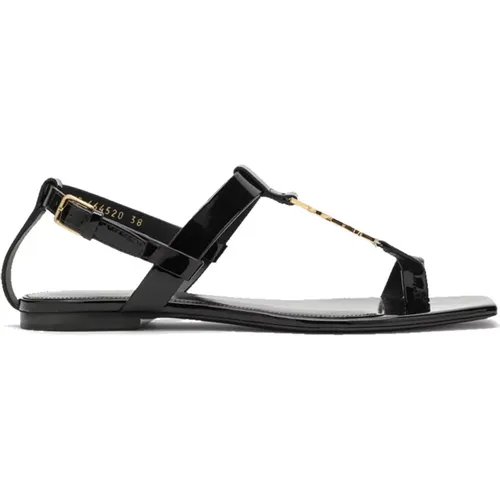 Schwarze Leder Flache Sandalen Eleganter Stil - Saint Laurent - Modalova