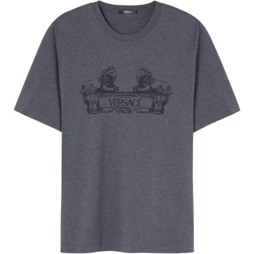 Dunkelgraues Melange T-Shirt,Marineblau Klassisches T-Shirt - Versace - Modalova