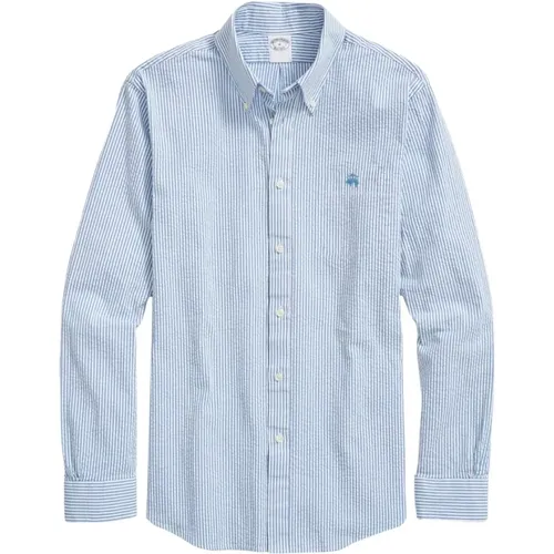 Blaues Gestreiftes Regular Fit Baumwoll-Seersucker-Hemd mit Button-Down-Kragen , Herren, Größe: L - Brooks Brothers - Modalova