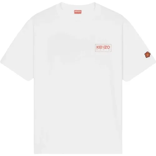 Herren T-Shirt in Weiß mit rotem Logo-Muster und Blumen-Patch , Herren, Größe: XS - Kenzo - Modalova