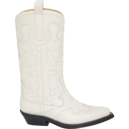 Embroidered Leather Western Ankle Boots , female, Sizes: 6 UK - Ganni - Modalova