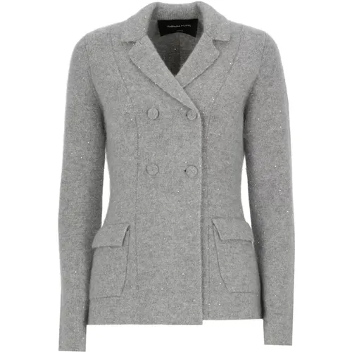 Grey Wool Double-Breasted Jacket with Rhinestones , female, Sizes: S - Fabiana Filippi - Modalova