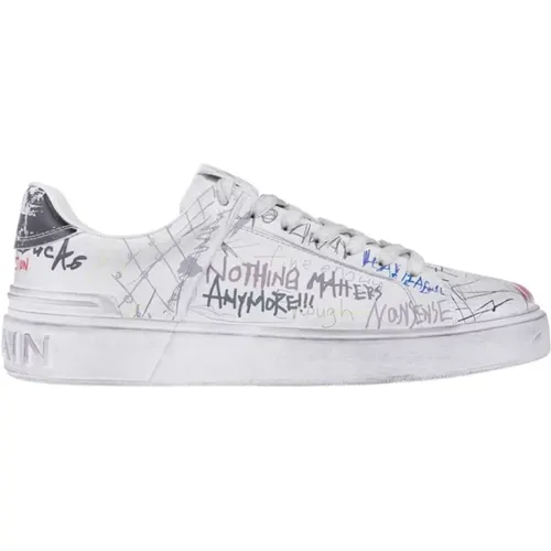 Leder-Sneakers mit Graffiti-Print , Herren, Größe: 44 EU - Balmain - Modalova