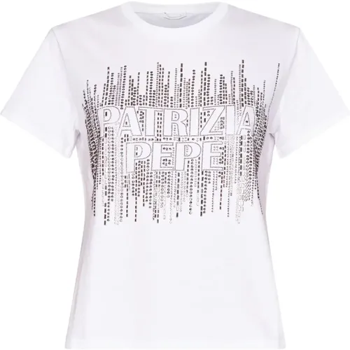 Weiße T-Shirts und Polos mit D MM Logo Strass , Damen, Größe: XS - PATRIZIA PEPE - Modalova