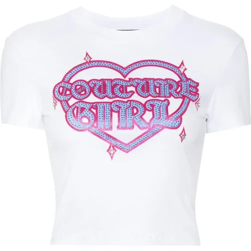 Weißes Logo Print T-shirt mit Kristallverzierung , Damen, Größe: L - Versace Jeans Couture - Modalova