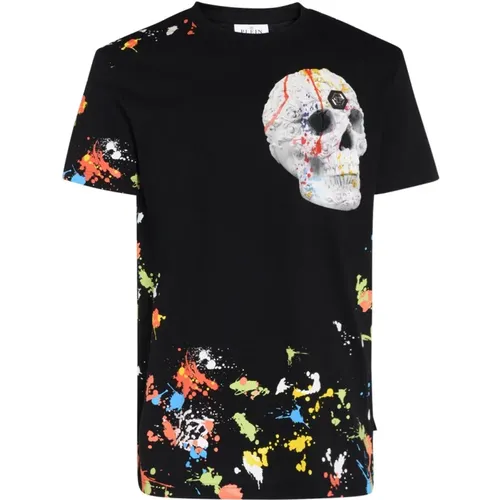 Schwarzes Dripping Skull T-Shirt aus Baumwolle , Herren, Größe: S - Philipp Plein - Modalova