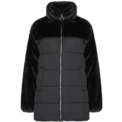 Pelz Puffer Mix Mantel in Schwarz , Damen, Größe: L - Only - Modalova