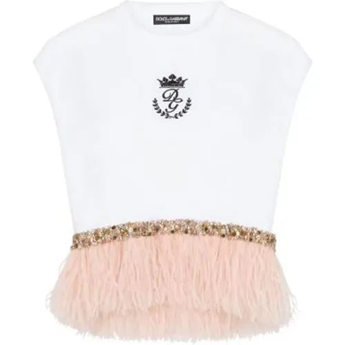 T-Shirt mit Federn und Bunten Strasssteinen - Dolce & Gabbana - Modalova