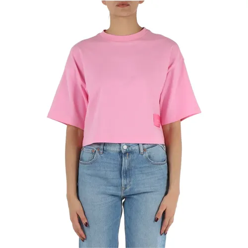 Gekürztes Baumwoll-T-Shirt mit Logo , Damen, Größe: XS - Replay - Modalova