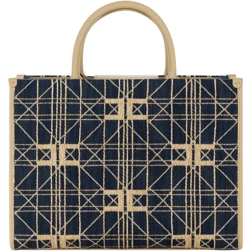 Medium Jacquard Shopper Bag with Faux Leather Details , female, Sizes: ONE SIZE - Elisabetta Franchi - Modalova